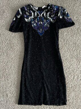 80s Silky Nites Maximalist Beaded Sequin Silk Short Sleeve Mini Dress Vintage S